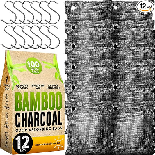 Charcoal Odor Absorber for Strong Odor (Large, 12 Pack, 100g each), Perfect for Smelly Shoes, Bamboo Charcoal Air Purifying Bag, Activated Charcoal Odor Absorber for Closet, Shoe, Car, Odor Deodorizer