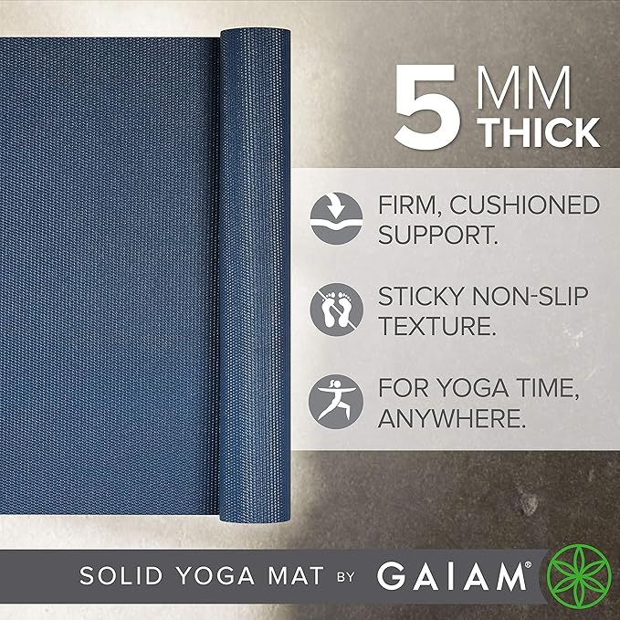 Gaiam Yoga Mat - Premium 5mm Solid Thick Non Slip Exercise & Fitness Mat for All Types of Yoga, Pilates & Floor Workouts (68" x 24" x 5mm)
