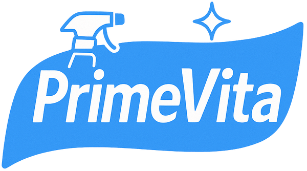 PrimeVita cleaning brand logo with blue wave design and spray icon