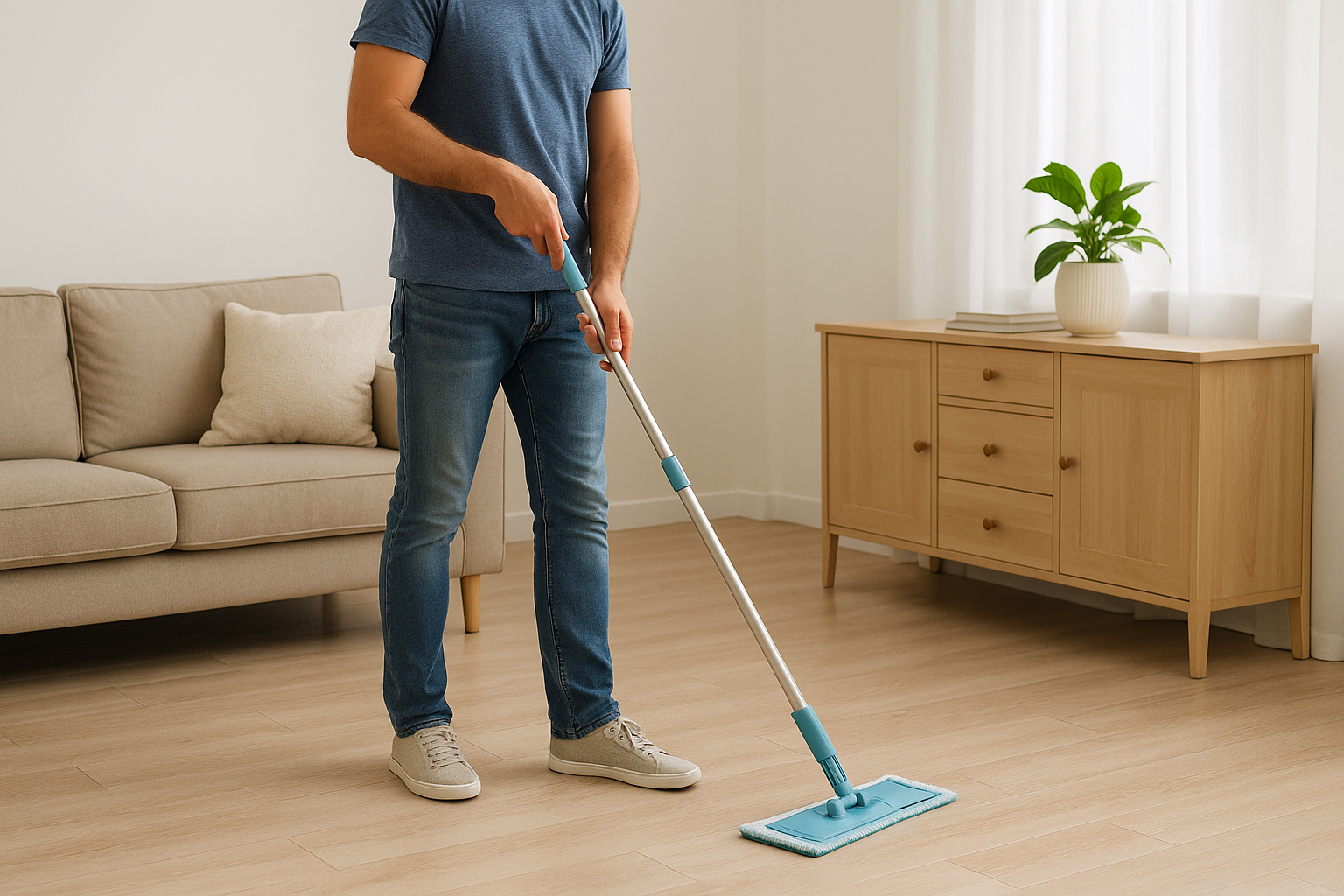 Man using a microfiber floor mop on light hardwood floors in a clean, modern living room.