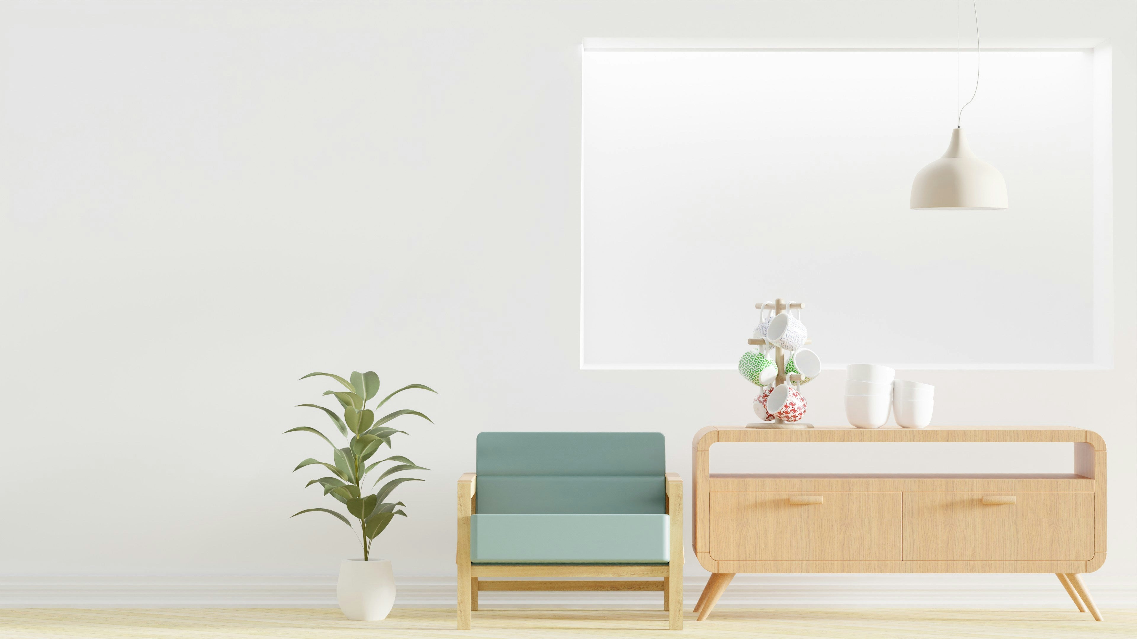Minimal clean living room with a wooden cabinet, pastel chair, indoor plant, and soft natural lighting — showcasing a fresh, organized home interior