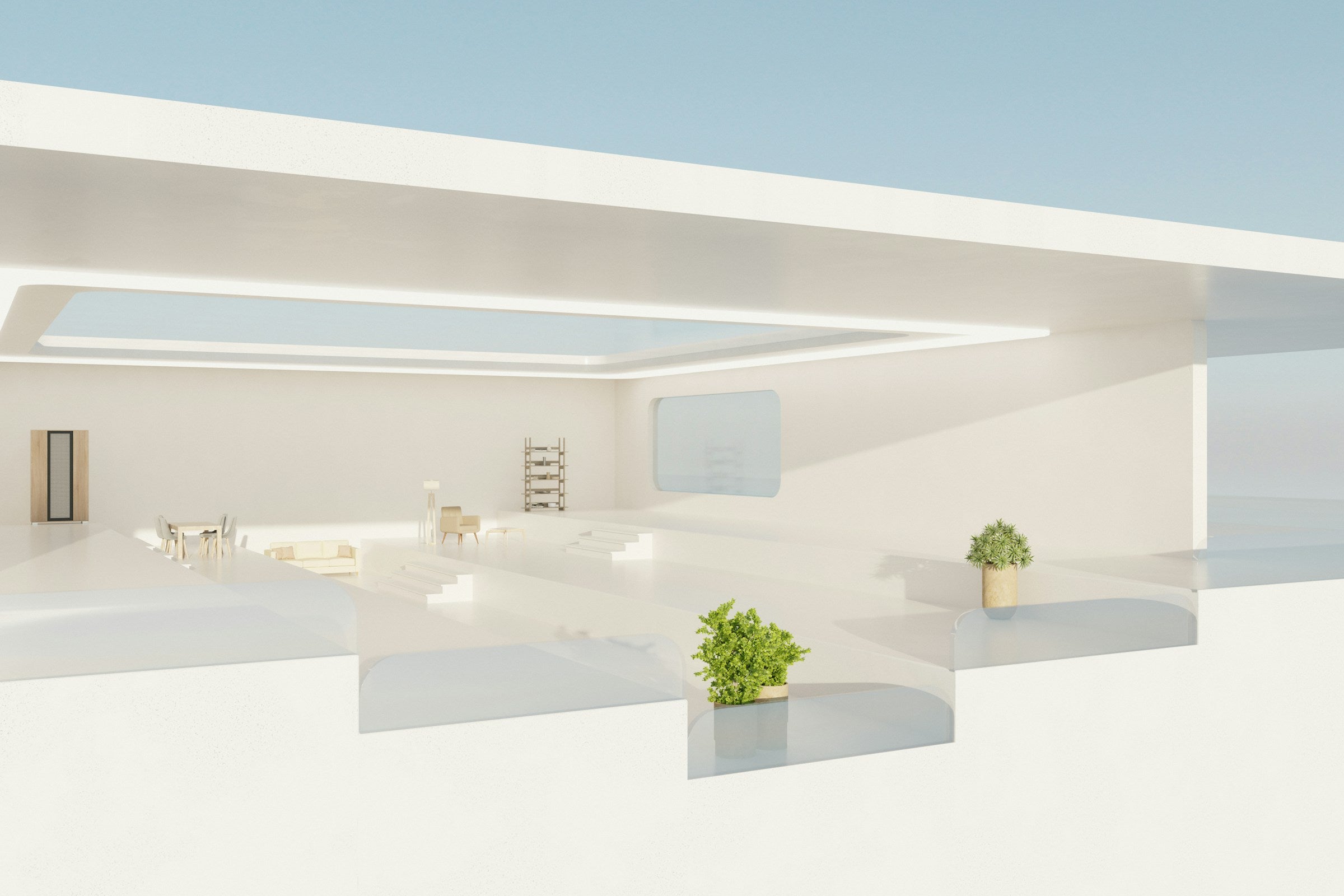 Minimal modern interior 3D render with clean white architecture, open layout, soft natural lighting, and simple furniture elements