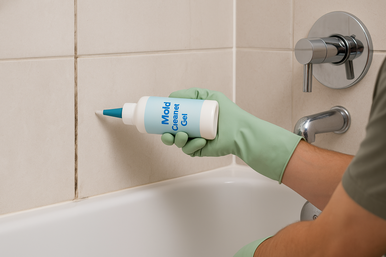 Person applying mold cleaner gel to bathroom tile grout while wearing cleaning gloves.