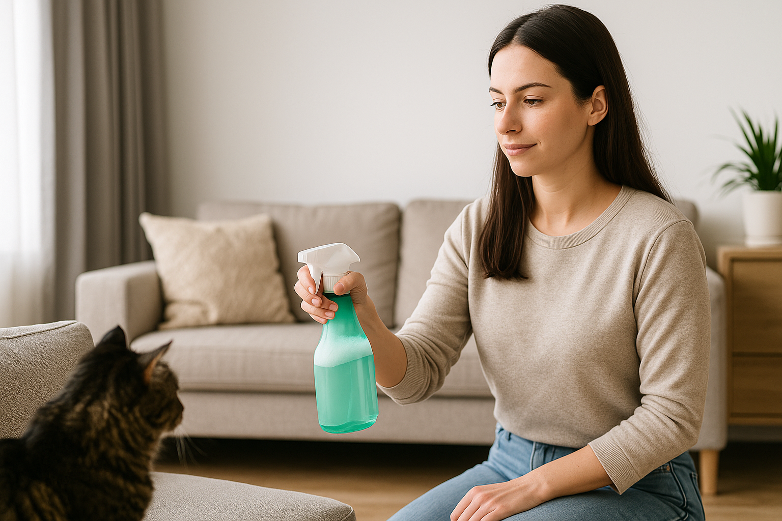 Woman spraying a pet odor neutralizing spray in a bright living room while a cat sits nearby.