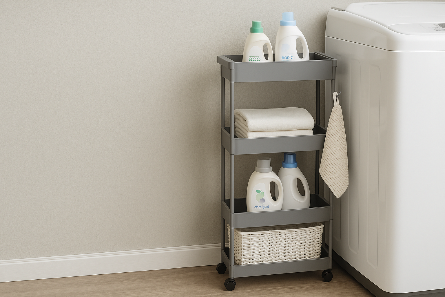 Slim rolling storage cart placed next to a washing machine, organized with laundry detergents, towels, and a woven basket in a clean laundry space.