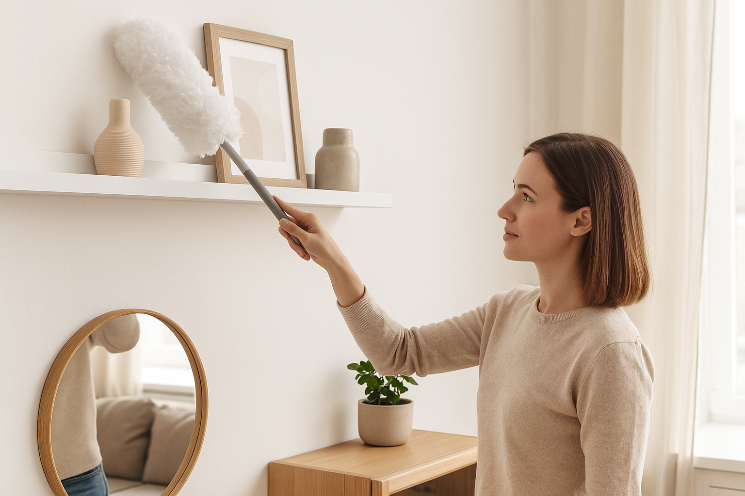 Woman using an ultra-fine microfiber duster to clean a high shelf in a bright, modern living room.